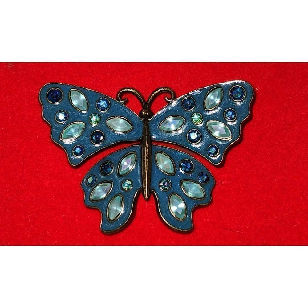 Avon by Nina Ricci Brass Enamel Rhinestone Butterfly Brooch 2" x 1.5"